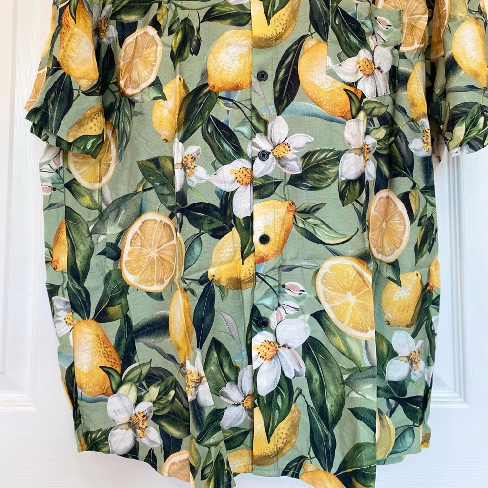 Lemon Print Hawaiian Summer Shirt – Tropical Vacation Clothes - Picture 2 of 9